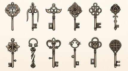 Vintage lock and key collection hand draw engraving style black and white on white background