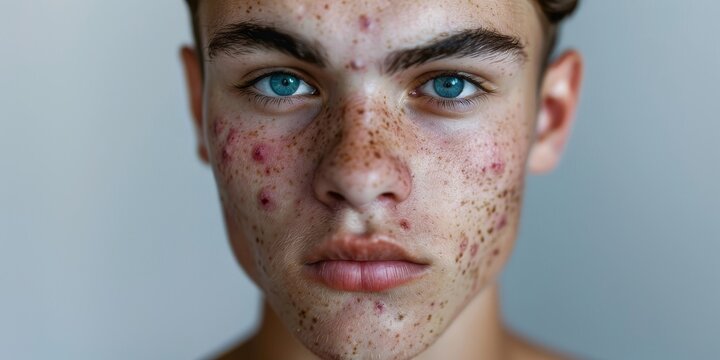 Close-up portrait of a young man with acne