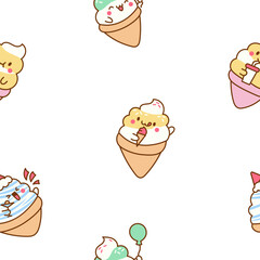Cute kawaii ice cream characters. Seamless pattern. Cartoon sweet smiling dessert. Hand drawn style. Vector drawing. Design ornaments.