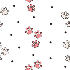 Dog or cat paw print. Seamless pattern. Animal footprints. Hand drawn style. Vector drawing. Design ornaments.