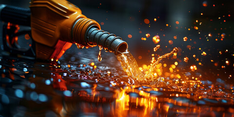 A close-up of a gas nozzle releasing fuel with droplets and sparks flying, creating a visually striking and energetic scene.