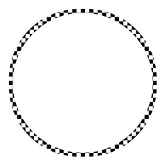 Round frame with black and white checkered print. Circle shape with checkerboard, rally flag or chess game board pattern. 