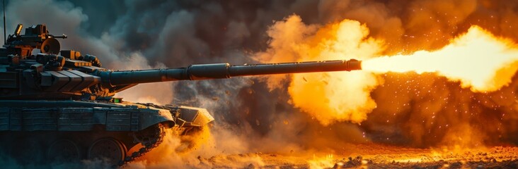 A closeup of the main gun on a T80 battle tank firing, with flames and smoke rising from
