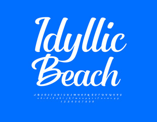 Vector travel flyer Idyllic Beach. Elegant Cursive Font. Stylish White Alphabet Letters and Numbers set.