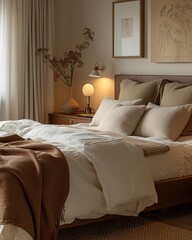 Bedroom serenity, a master bedroom bathed in soft evening light, showcasing a carefully made bed with luxurious linens, minimalistic nightstands, and subtle wall art. 