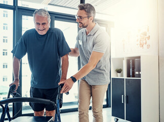 Physiotherapy, walking frame and old man for rehabilitation, consulting and recovery. Healthcare,...