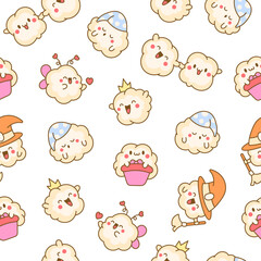 Cute kawaii popcorn with a smile. Seamless pattern. Cartoon funny food character. Hand drawn style. Vector drawing. Design ornaments.