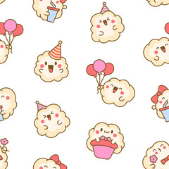 Cute kawaii popcorn with a smile. Seamless pattern. Cartoon funny food character. Hand drawn style. Vector drawing. Design ornaments.