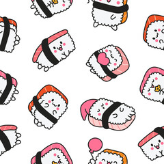 Happy sushi characters in different poses. Seamless pattern. Funny cartoon food. Hand drawn style. Vector drawing. Design ornaments.