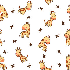 Obraz premium Cute kawaii happy giraffe. Seamless pattern. Cartoon funny animals characters. Hand drawn style. Vector drawing. Design ornaments.