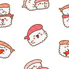 Funny kawaii sushi with cute faces. Seamless pattern. Japanese traditional cuisine dishes characters. Hand drawn style. Vector drawing. Design ornaments.
