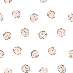 Cute kawaii smiling dim sum. Seamless pattern. Happy cartoon dumpling character. Asian chinese food menu. Hand drawn style. Vector drawing. Design ornaments.