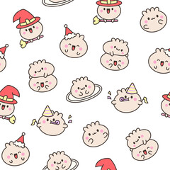 Cute kawaii smiling dim sum. Seamless pattern. Happy cartoon dumpling character. Asian chinese food menu. Hand drawn style. Vector drawing. Design ornaments.