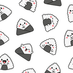Cute kawaii onigiri. Seamless pattern. Funny sushi cartoon character. Asian rice and nori food. Hand drawn style. Vector drawing. Design ornaments.