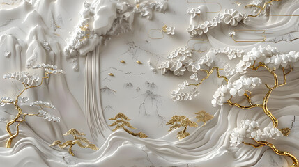 Volumetric stucco molding on a concrete wall with golden elements, Japanese landscape, waterfall, mountains, sakura.