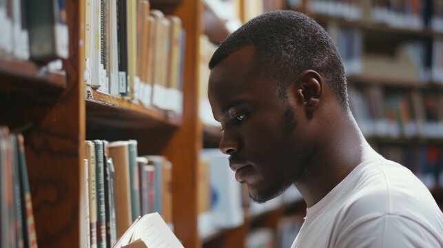 Young African American male selecting a book from a university library shelf for studying purposes Attractive dark skinned man wearing a white t shirt seen from the side