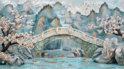 Obraz premium Scenic Bridge Over Tranquil Waters with Blossoming Trees, Generative AI