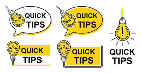 Quick tips, did you know, helpful advice, useful learning information icon set. Hint, expert help, important fact news. Speech bubble, electric light bulb. Idea, education knowledge. FAQ answer vector