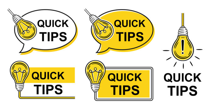 Quick tips, did you know, helpful advice, useful learning information icon set. Hint, expert help, important fact news. Speech bubble, electric light bulb. Idea, education knowledge. FAQ answer vector