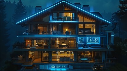 Fototapeta premium A multi-story, modern mountaintop home illuminated by blue lights at night