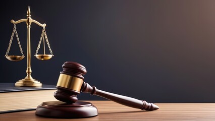 Law theme, mallet of judge, wooden desk and books in courtroom. Bookshelf in background, Generative AI