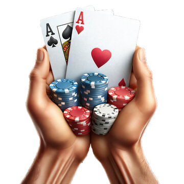  A pair of hands holding a stack of poker chips and two aces cards (ace of spades and ace of hearts), isolated on a transparent background. 
