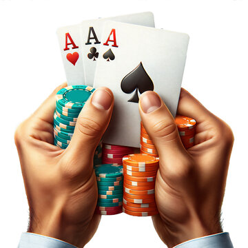  A pair of hands holding a stack of poker chips and two aces cards (ace of spades and ace of hearts), isolated on a transparent background. 
