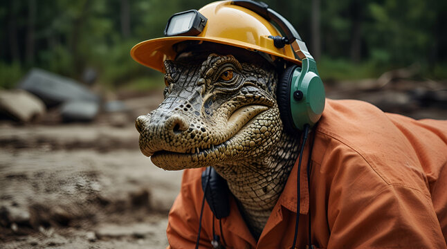 A large alligator wearing headphones and a hard hat,Generative.Ai 