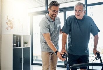 Physiotherapy, walking frame and old man for recovery, consulting or rehabilitation. Healthcare, physical therapist and worker with senior person with disability for medical care, wellness or support