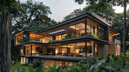  A stylish, contemporary home with a spacious garden. The house has a combination of wood, glass, and concrete elements, with an open-plan design.