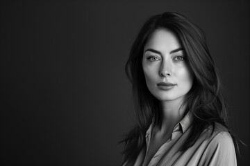 Naklejka premium Sophisticated Black and White Portrait: Brunette Haired Woman in Blouse, Plain Black Background