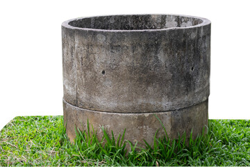 Obraz premium Old well made of cement with grass, isolated on white background.