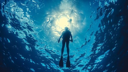 An underwater view of a diver exploring the deep blue sea, surrounded by ascending air bubbles