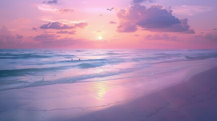  A sea view from a secluded beach, with fine white sand leading to calm, clear waters. The beach is surrounded by lush greenery,