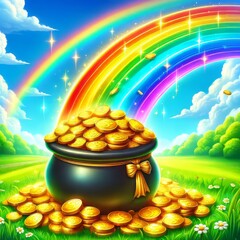 Pot of Gold at the End of a Rainbow in Lush Green Meadow St Patricks Day