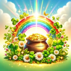 Pot of Gold with Clovers at the End of a Rainbow St Patricks Day