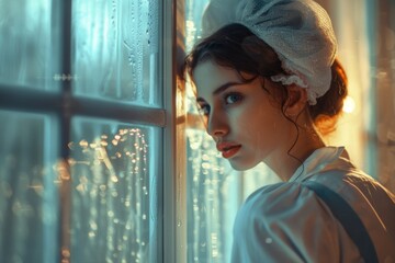Woman Cleaning Window With a View of Lights