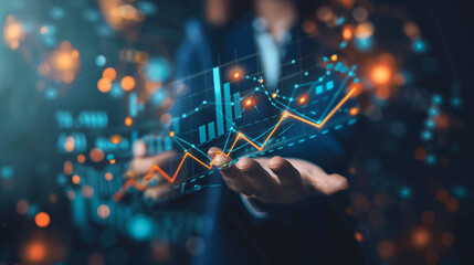 Professional engaging with virtual financial graphs and technology interface in close-up shot