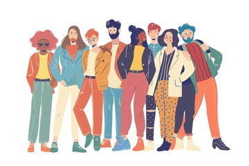 Fototapeta premium Group of modern conceptual diverse people. Friends or coworkers are standing, hugging, posing together. Cartoon characters. Teamwork, togetherness, friendship concept. Hand drawn 