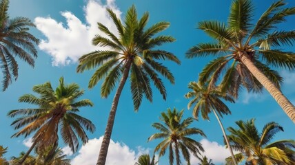 palm sunday concept leaves frame of coconut branches with cloudy blue sky background. Coconut palm trees with blue sky background. Vintage toned