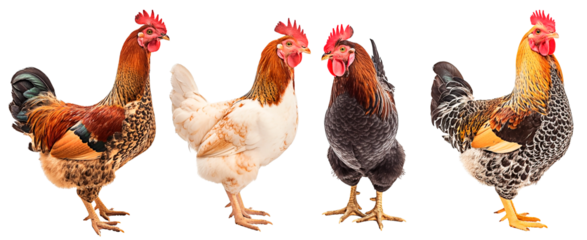 Four purebreed chickens isolated on transparent background.