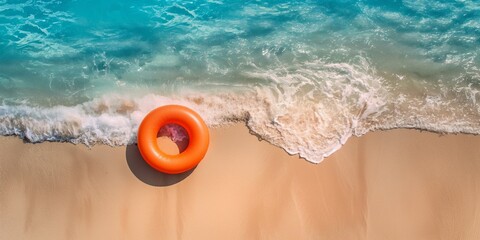 Obraz premium Orange inflatable ring on a sandy beach with ocean waves. Summer and vacation concept. Top view for poster, advertisement, banner with copy space.