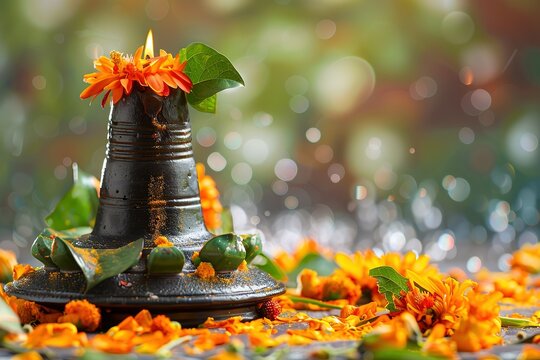Happy Maha Shivaratri greeting card - Shiva Linga decorated with flowers & bel patra/leaf and haldi kumkum for Pooja/worshipping of Shankar bhagwan