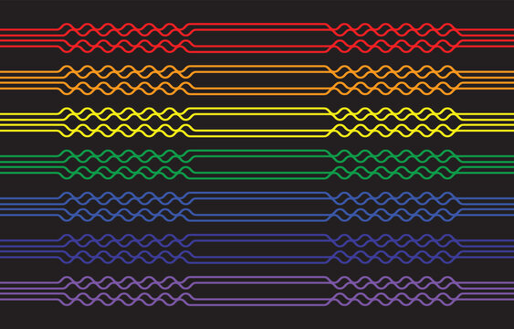 Abstract wave lines pattern in rainbow colors on black background. The lines are red, orange, yellow, green, blue, purple. Vector illustration design for background, wallpaper, textile, print, fabric