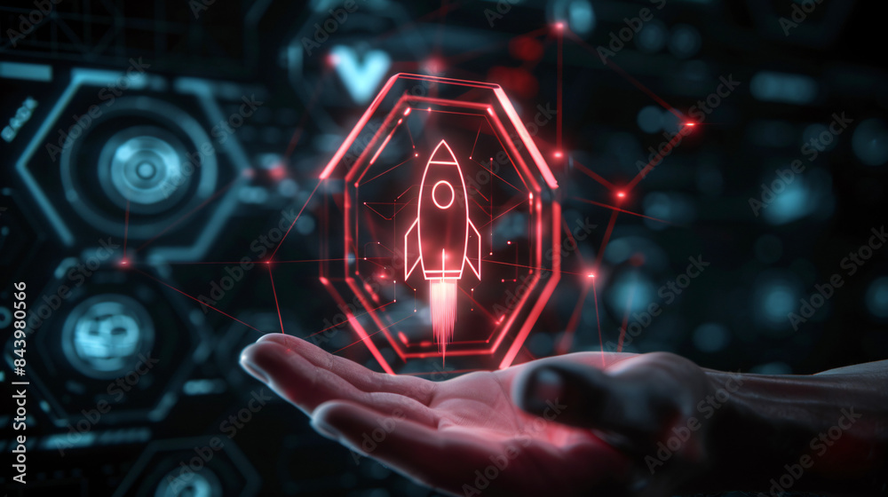 Aufkleber Futuristic 3d hologram of a rocket launching rests above an open palm amidst digital interfaces