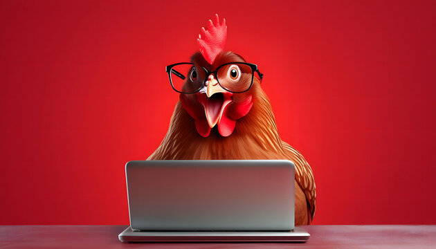 henne, huhn, mit, brille, sitzt, vorm, computer, pc, laptop, neu, close up, rot, Hahn, chicken, erstaunt, erstaunen, aufschrei, clean, minimal, spa&szlig;ig, copy space, hintergrund, 3d