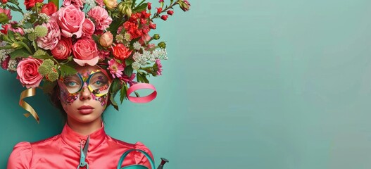 The photo shows a model wearing a pink latex bodysuit with a floral headdress made of roses, carnations, and other flowers. Her face is partially obscured by a pair of sunglasses. The photo is taken