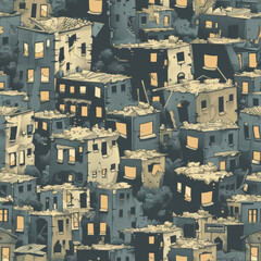 Seamless A cityscape with buildings that are in ruins and have broken windows