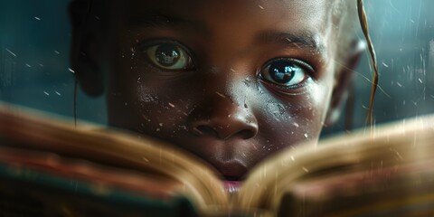 Close up of attractive child reading a book while looking at camera. Elementary student holding fairy tale novel book or bedtime stories with blurring background. Creative activity concept. AIG42. © InfiniteFlow