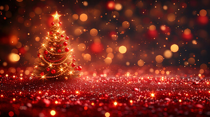 A Christmas tree and red Christmas balls with winter glowing blurred the background
